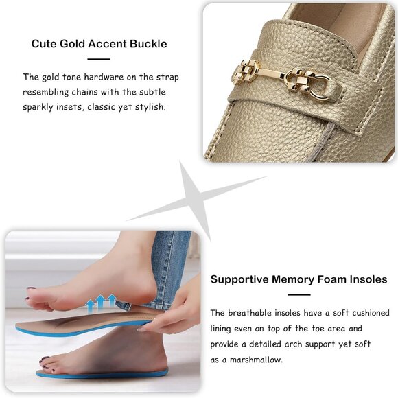 Kordal Women's Gold Leather Gold Accent Buckle Slip-Ons Walking Flats Loafers - Picture 4 of 9